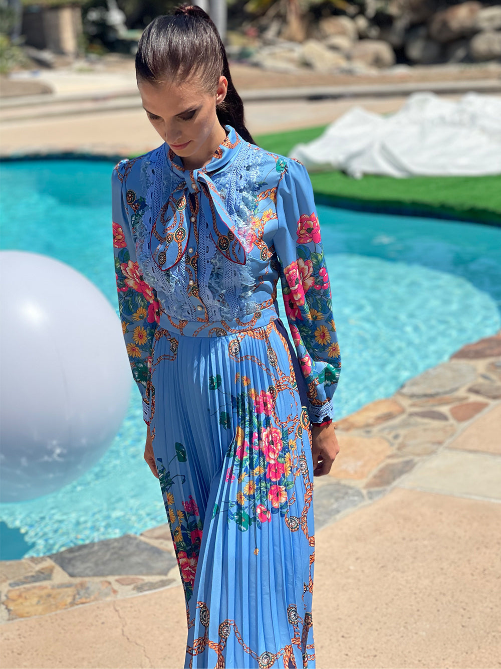 Bow Neck Lace Pearl Trim Accordion Pleat Chain Floral Maxi Dress