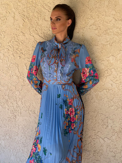 Tie Neck Lace Trim Bishop Sleeve Accordion Pleat Chain Floral Midi Dress