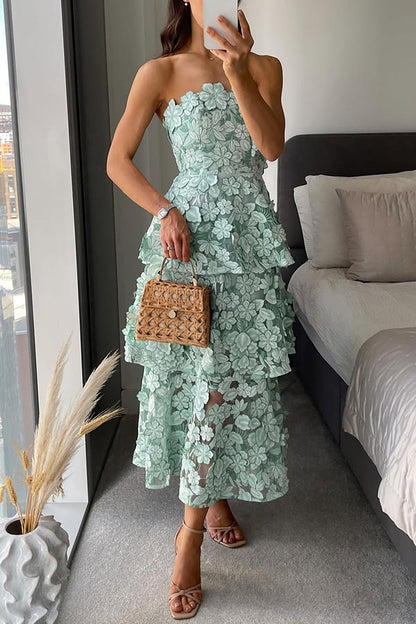 Cocktail Events 3D Embroidery Floral Detail Off Shoulder Tiered Hem Maxi Dress