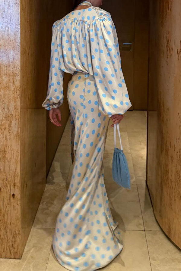 Vayla Satin Colorblock Polka Dot Print Tie-up Neck Balloon Sleeve Loose Blouse