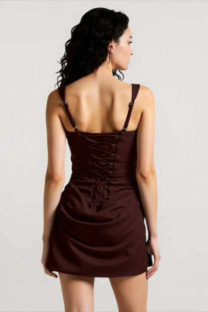 Square Neck Corset Seam Ruched Hip Bodycon Mini Dress