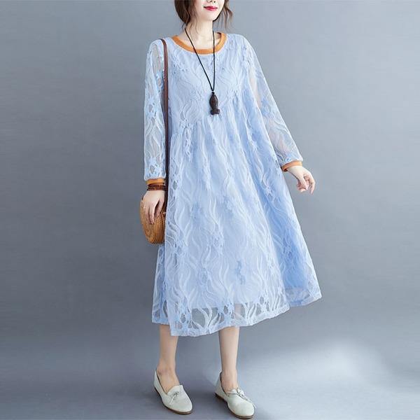 Round Neck Floral Lace Overlay Babydoll Waist Long Sleeve Midi Dress