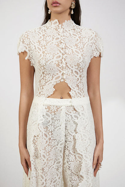 Elegance Avant-garde Floral Lace Short Sleeve High Low Top and High Rise Wide Leg Pants Set