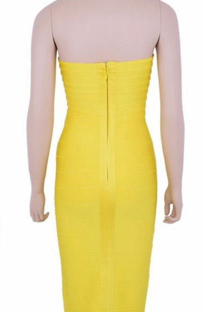 Sun Yellow Strapless Sweetheart Criss Cross Bandage Bodycon Midi Dress