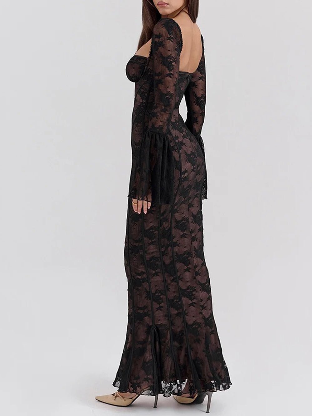 Lace Sweetheart Corset Boning Bell Sleeve Mermaid Maxi Gown