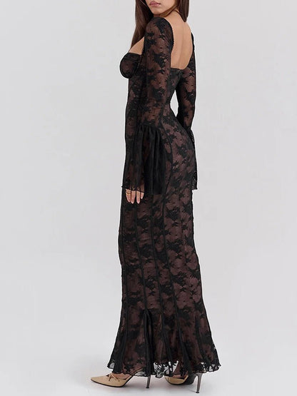 Lace Sweetheart Corset Boning Bell Sleeve Mermaid Maxi Gown