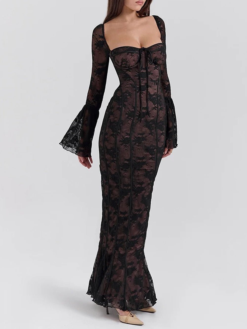 Lace Sweetheart Corset Boning Bell Sleeve Mermaid Maxi Gown