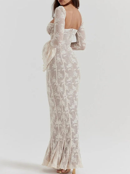 Lace Sweetheart Corset Boning Bell Sleeve Mermaid Maxi Gown