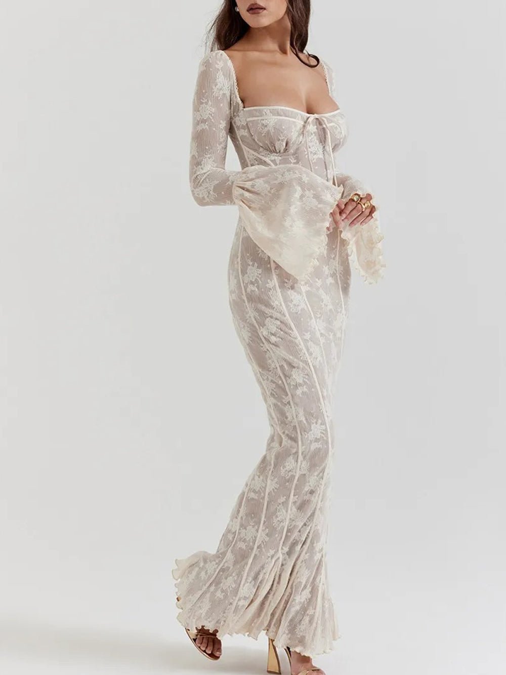 Lace Sweetheart Corset Boning Bell Sleeve Mermaid Maxi Gown