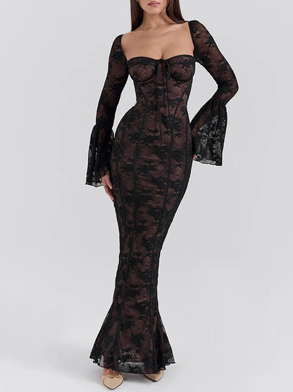 Lace Sweetheart Corset Boning Bell Sleeve Mermaid Maxi Gown