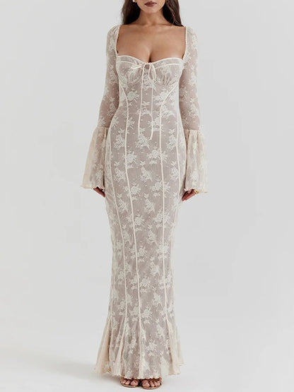 Lace Sweetheart Corset Boning Bell Sleeve Mermaid Maxi Gown