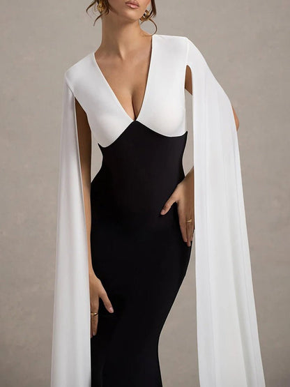 Black Deep V-Neck Cape Sleeve Colorblock Column Maxi Gown