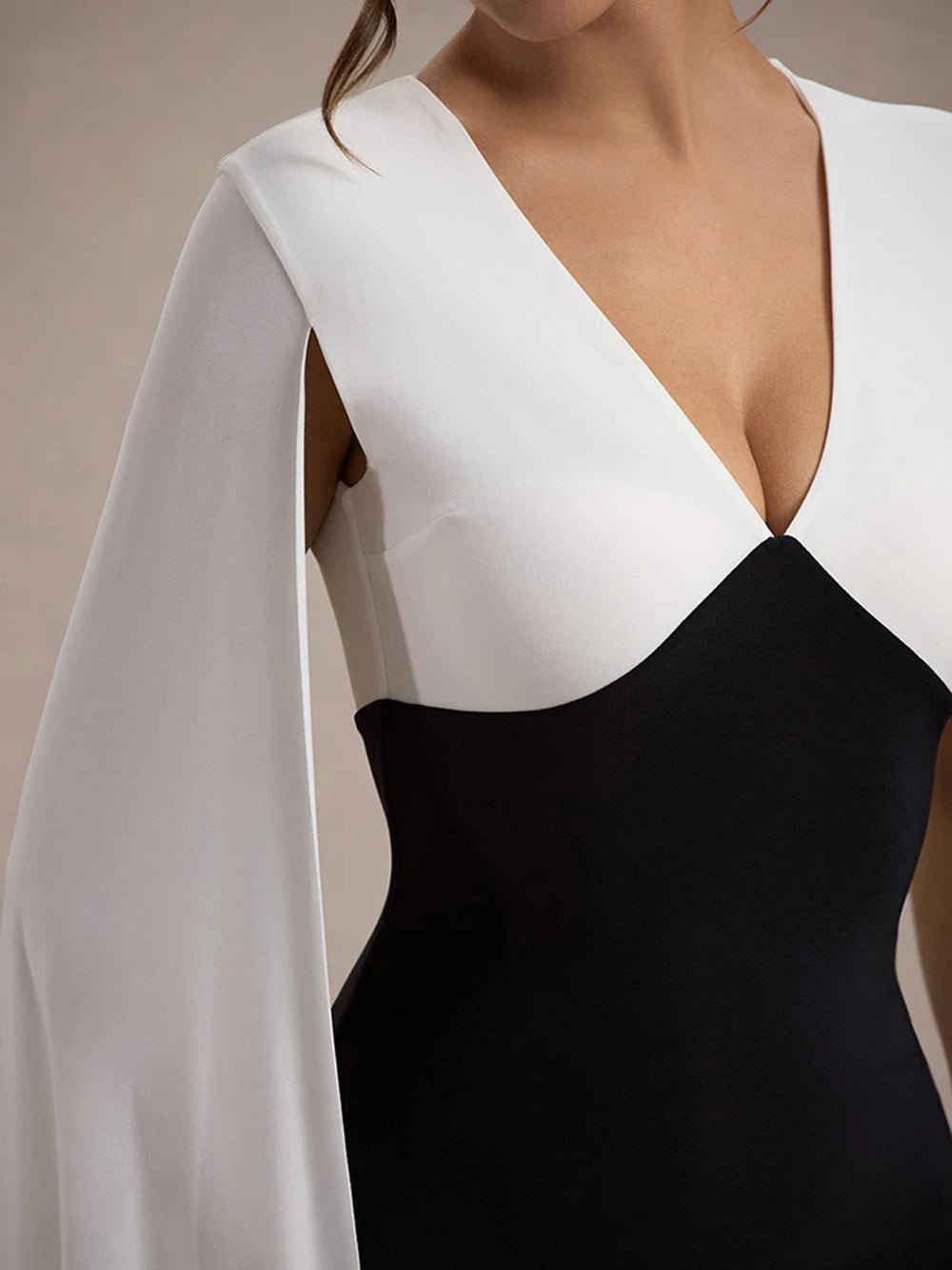 Black Deep V-Neck Cape Sleeve Colorblock Column Maxi Gown