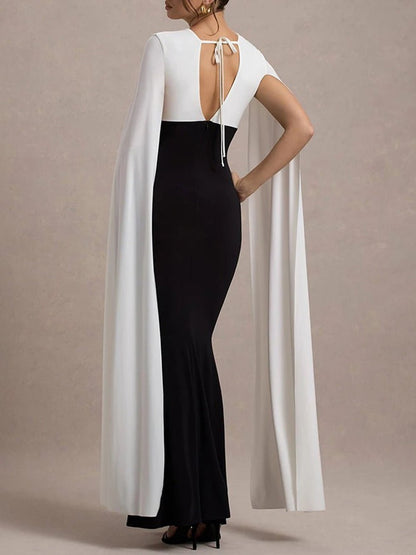 Black Deep V-Neck Cape Sleeve Colorblock Column Maxi Gown