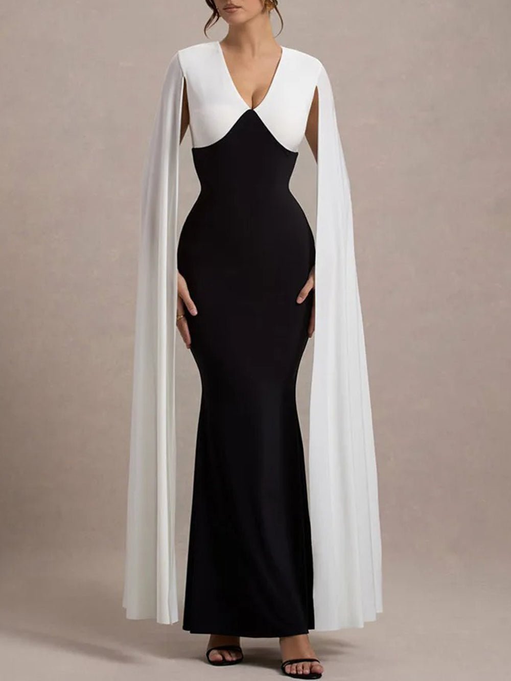 Black Deep V-Neck Cape Sleeve Colorblock Column Maxi Gown