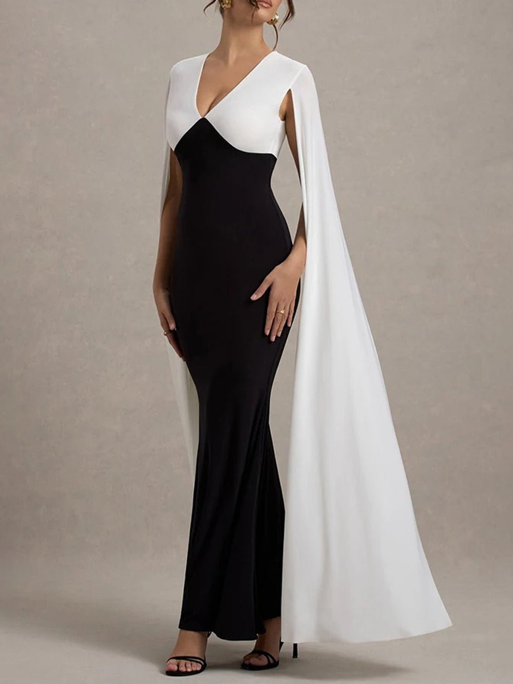 Black Deep V-Neck Cape Sleeve Colorblock Column Maxi Gown