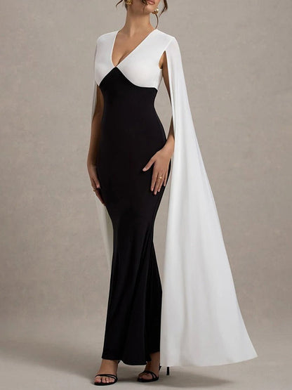 Black Deep V-Neck Cape Sleeve Colorblock Column Maxi Gown