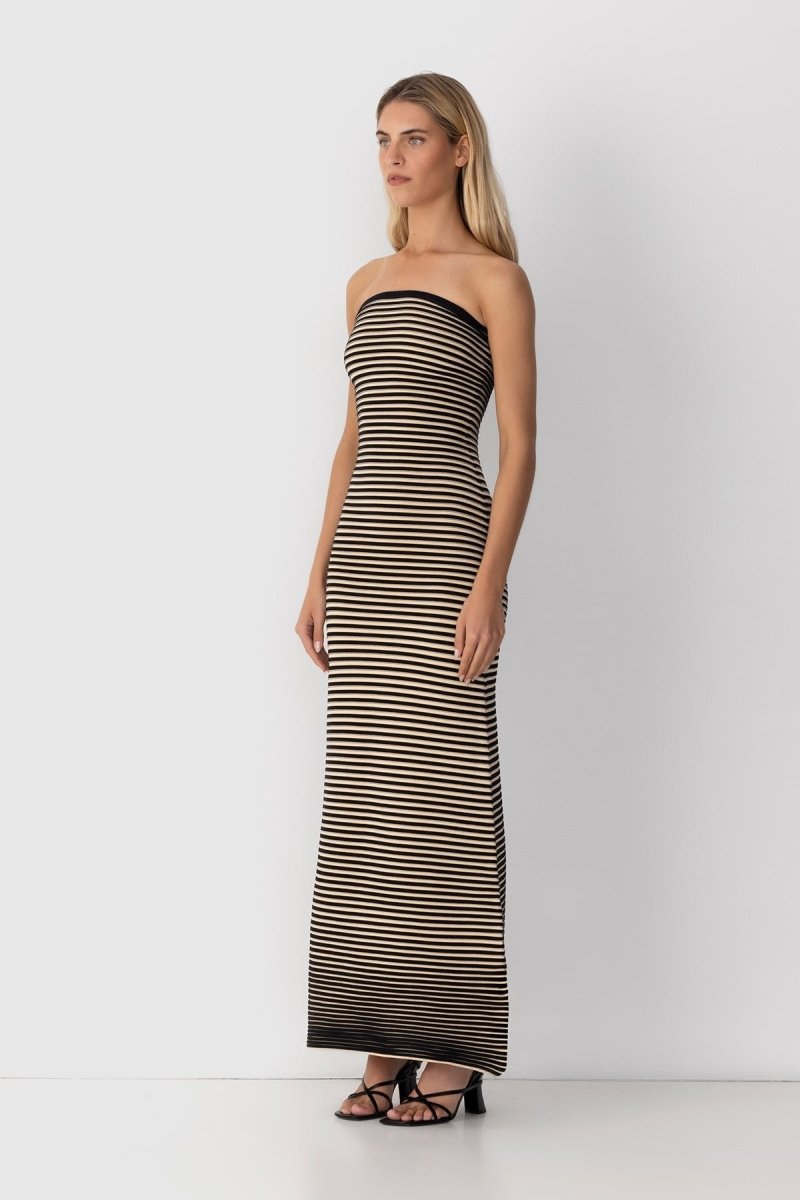 Strapless Horizontal Stripe Knit Bodycon Maxi Dress