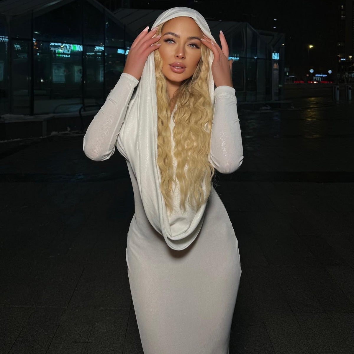 Hooded Long Sleeve Cutout Waist Rib Knit Maxi Dress