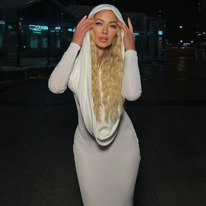 Hooded Long Sleeve Cutout Waist Rib Knit Maxi Dress