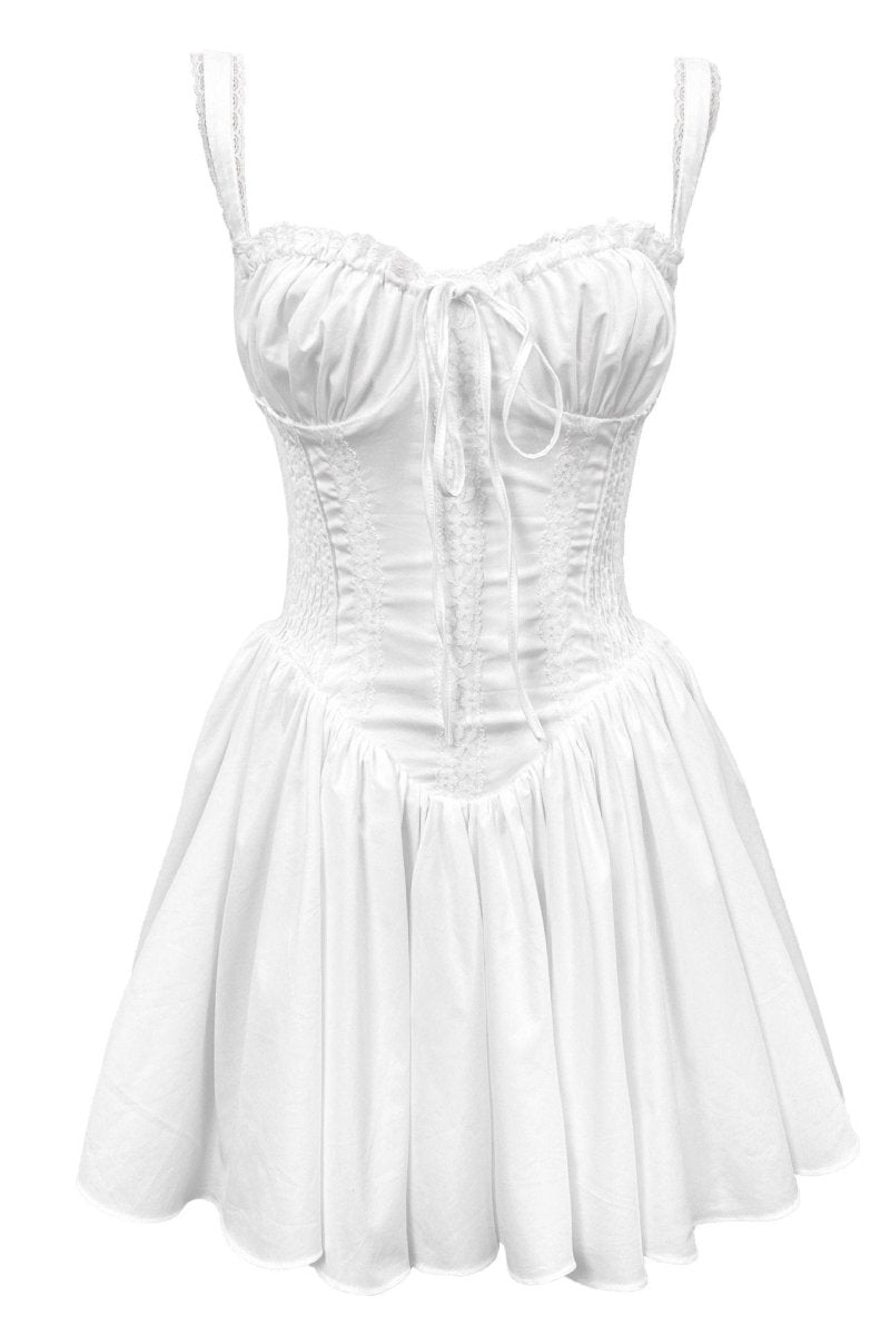 Lace Trim Sweetheart Ruched Bust Corset Bodice Pleated Fit and Flare Mini Dress
