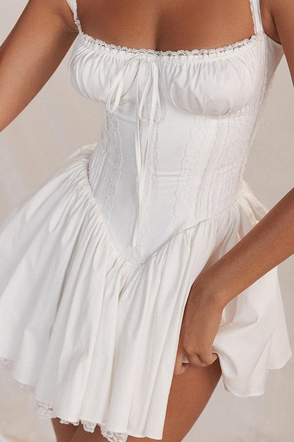 Lace Trim Sweetheart Ruched Bust Corset Bodice Pleated Fit and Flare Mini Dress