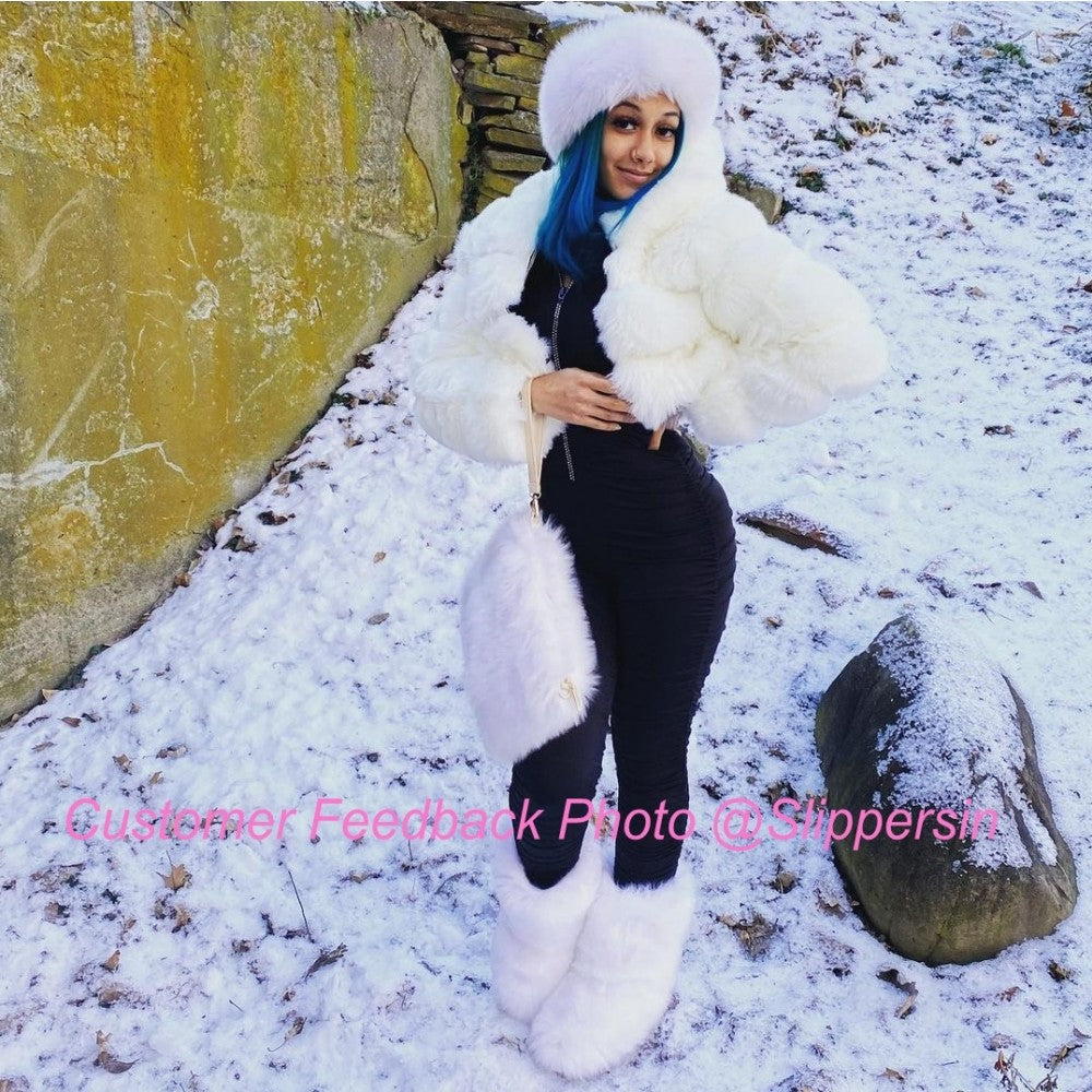 Faux Fox Fur Boots Solid Color Set for Women with Matching Furry Purse and Headband