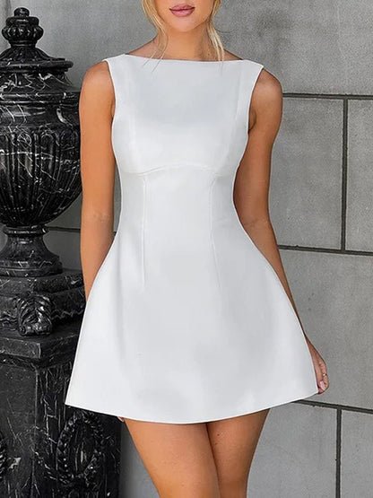 Boat Neck Wide Strap Princess Seam Pocket Fit and Flare Mini Dress