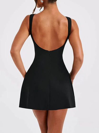 Boat Neck Wide Strap Princess Seam Pocket Fit and Flare Mini Dress