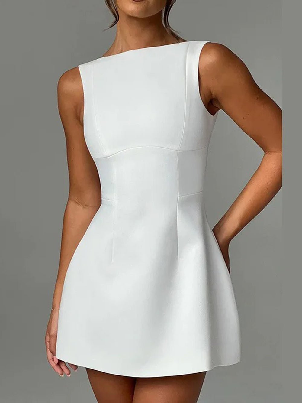 Boat Neck Wide Strap Princess Seam Pocket Fit and Flare Mini Dress