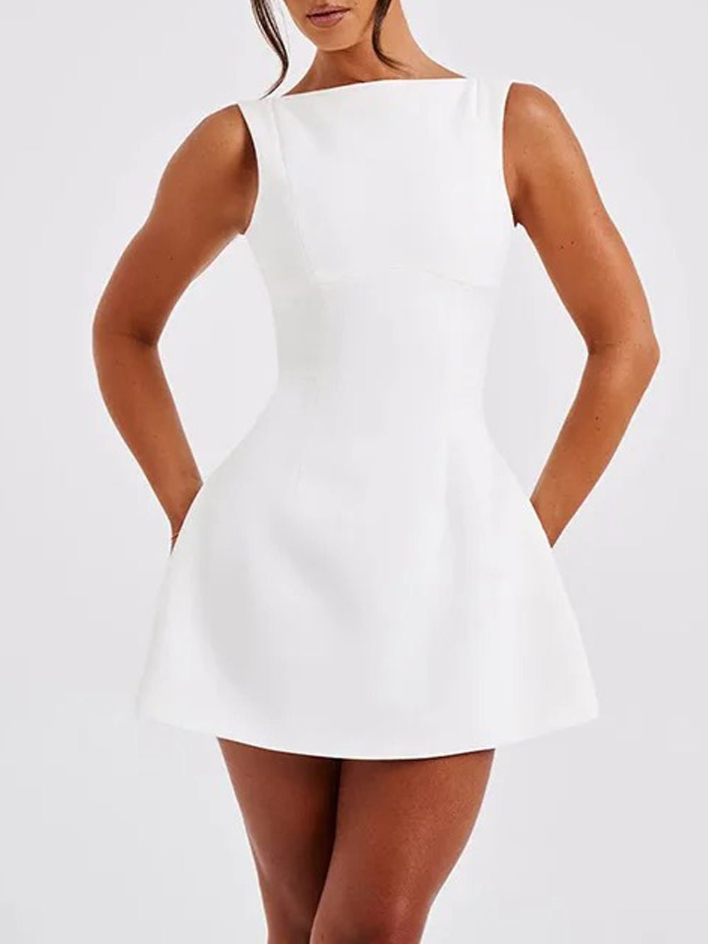 Boat Neck Wide Strap Princess Seam Pocket Fit and Flare Mini Dress