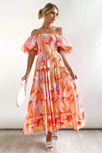 Off-the-Shoulder Smocked Puff Sleeve Tiered Abstract Floral Maxi Dress