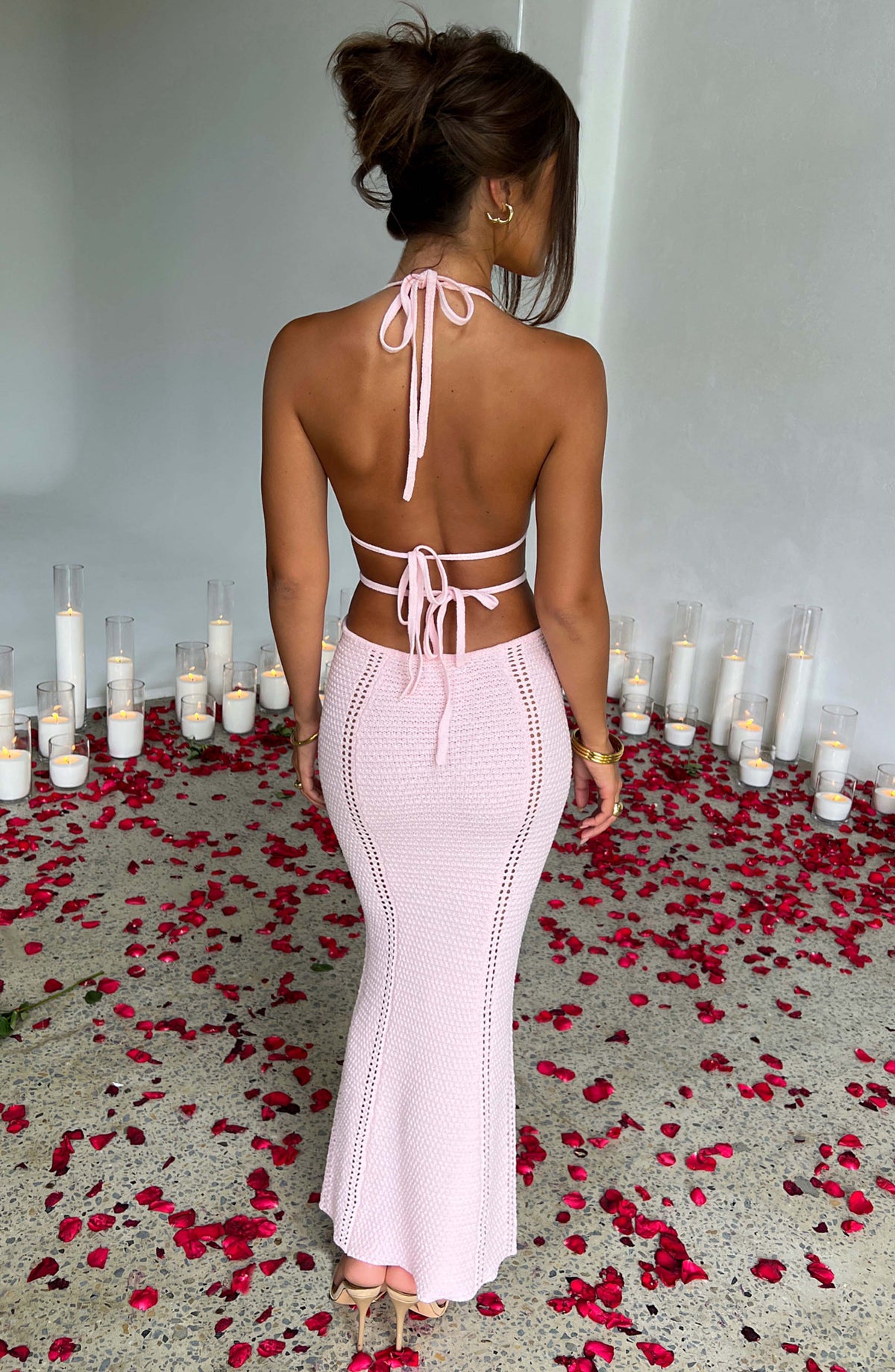 Halter Plunging V Neck Waist Cutout Pointelle Knit Column Maxi Dress
