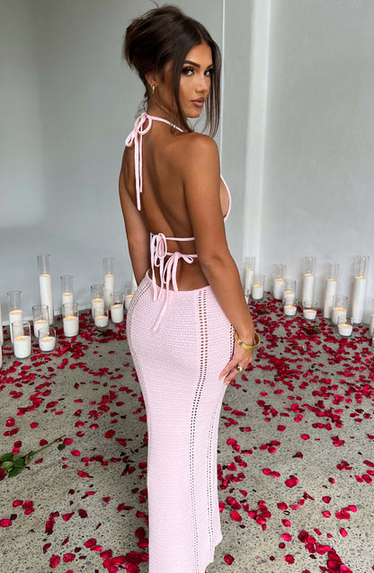 Halter Plunging V Neck Waist Cutout Pointelle Knit Column Maxi Dress