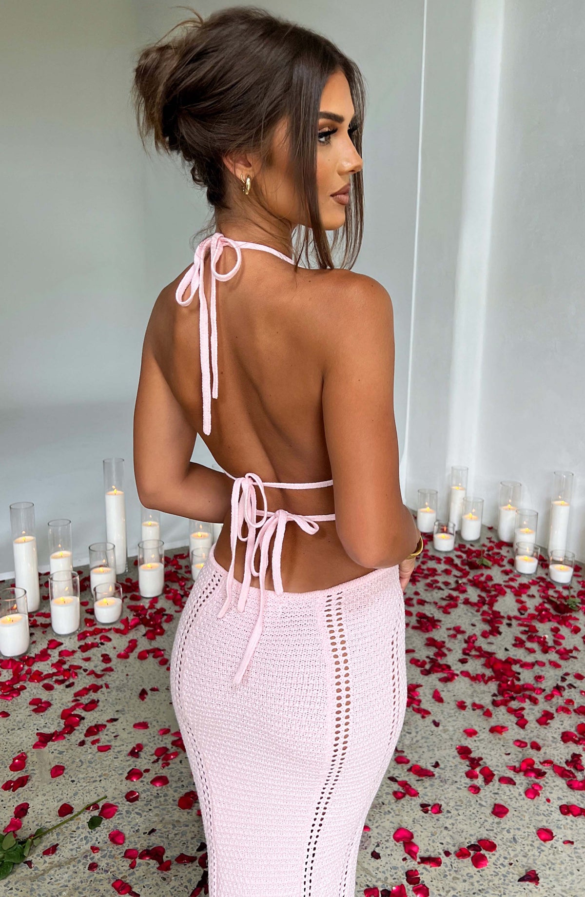 Halter Plunging V Neck Waist Cutout Pointelle Knit Column Maxi Dress