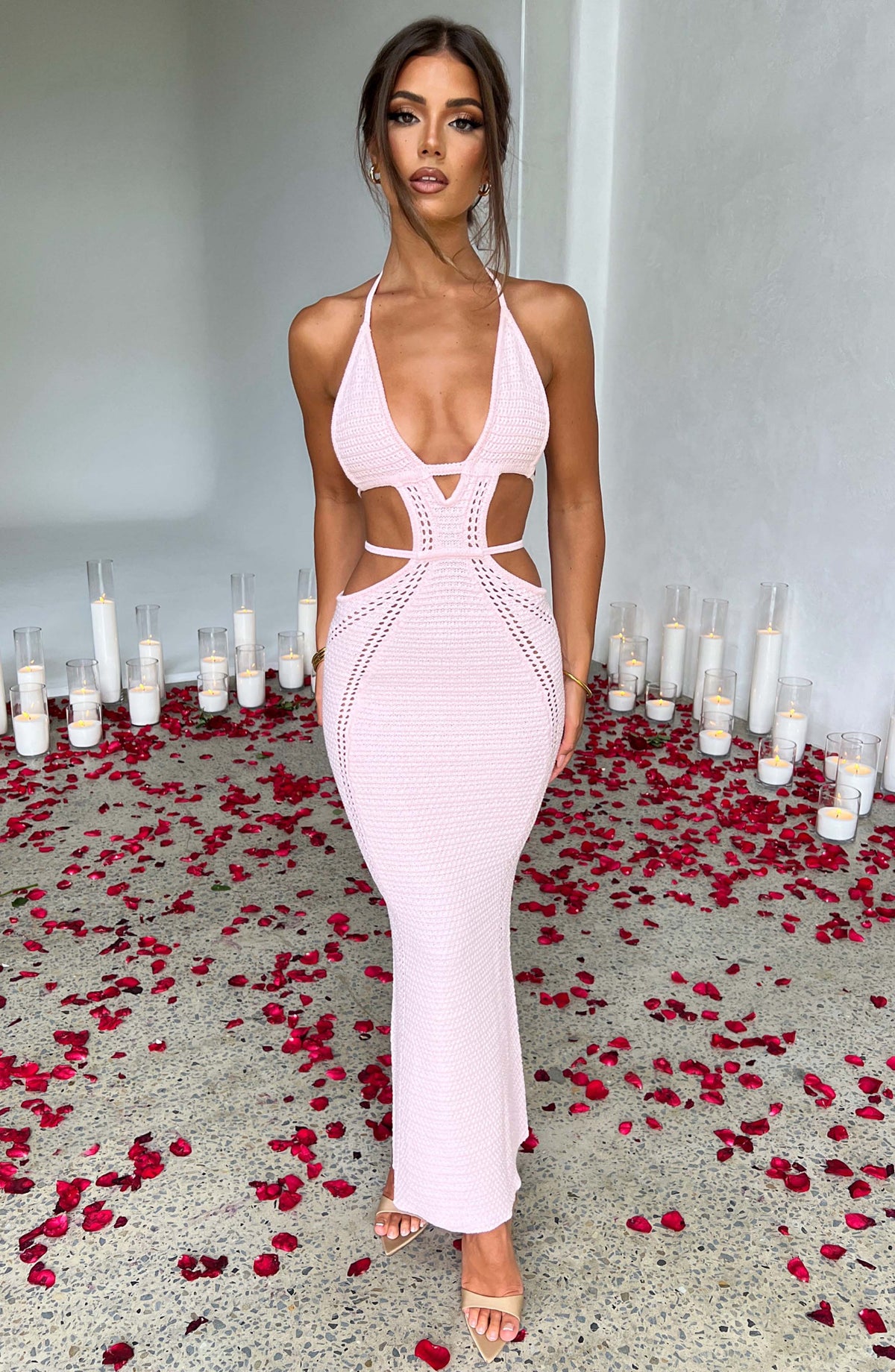 Halter Plunging V Neck Waist Cutout Pointelle Knit Column Maxi Dress