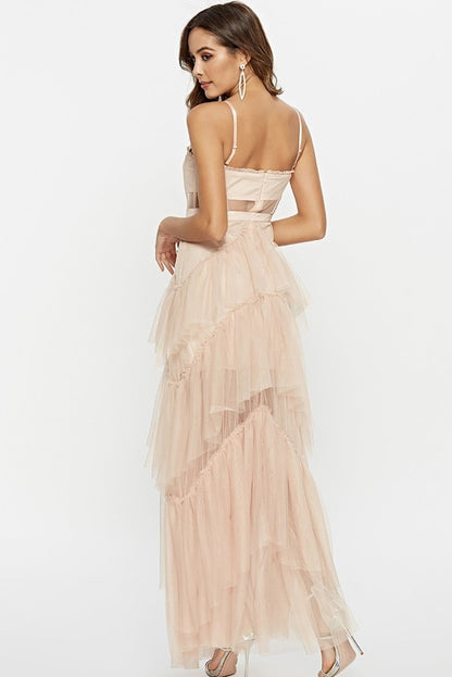 Spaghetti Strap Sweetheart Corset Mesh Panel Chevron Tier Tulle Maxi Gown