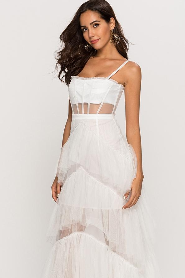 Spaghetti Strap Sweetheart Corset Mesh Panel Chevron Tier Tulle Maxi Gown