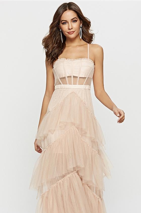 Spaghetti Strap Sweetheart Corset Mesh Panel Chevron Tier Tulle Maxi Gown