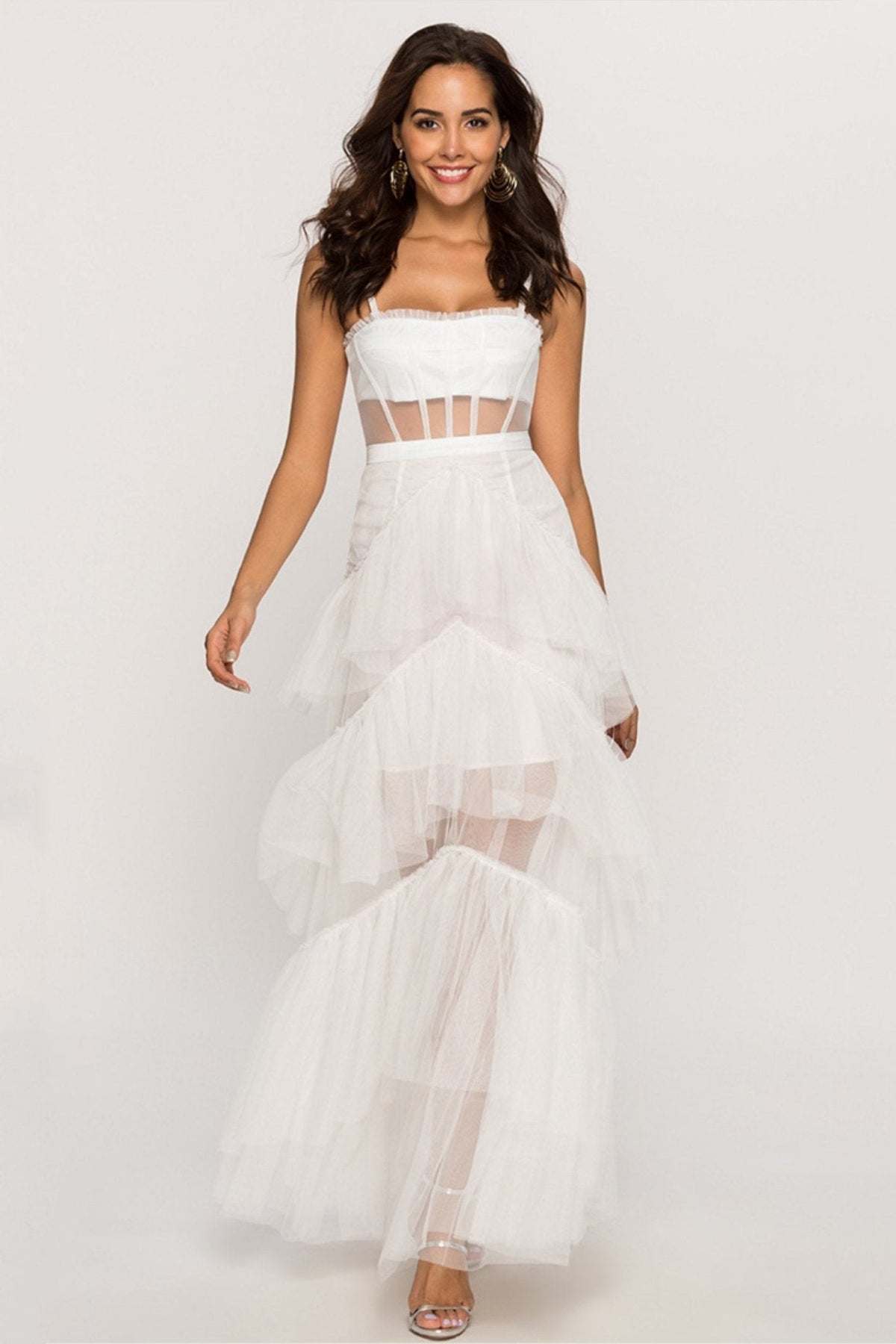 Spaghetti Strap Sweetheart Corset Mesh Panel Chevron Tier Tulle Maxi Gown
