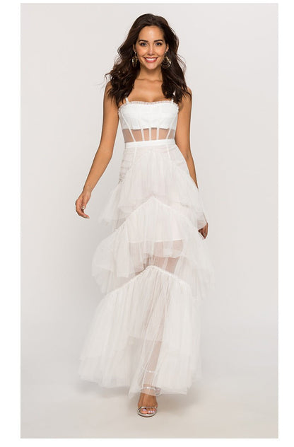 Spaghetti Strap Sweetheart Corset Mesh Panel Chevron Tier Tulle Maxi Gown
