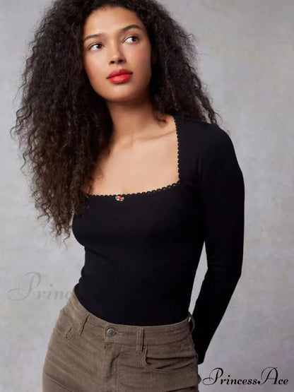 Arm Stretch Flower Boxy Long Thread T-Shirt Body Women's Neck Knitted Top