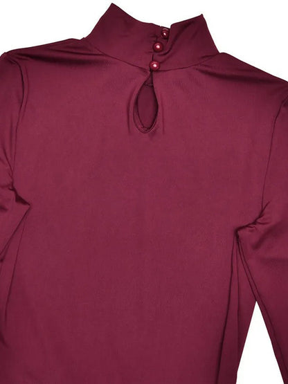 Burgundy Mock Neck Long Sleeve Bubble Hem Fit and Flare Mini Dress