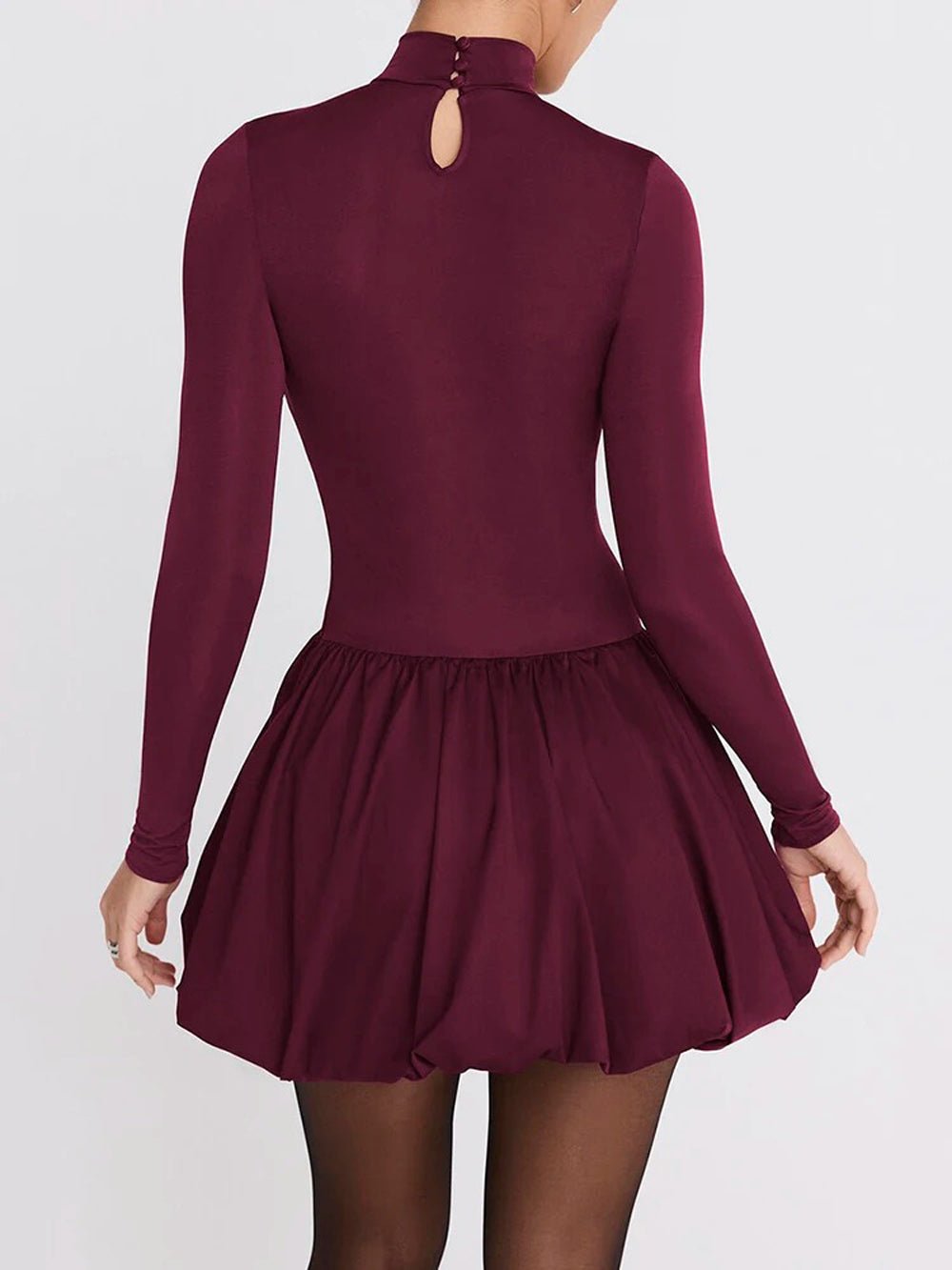 Burgundy Mock Neck Long Sleeve Bubble Hem Fit and Flare Mini Dress