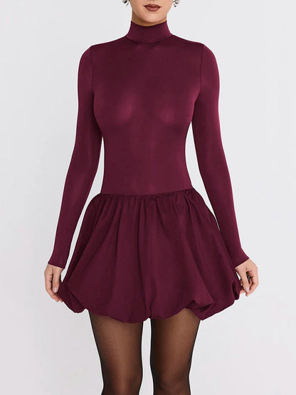 Burgundy Mock Neck Long Sleeve Bubble Hem Fit and Flare Mini Dress