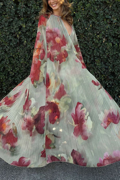 Sweet Story Pleated Chiffon Floral Print Detachable Cape Detail Maxi Dress