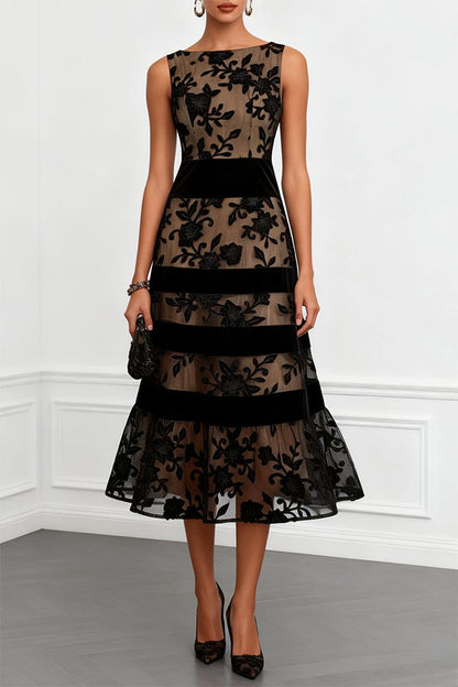 Rosmie Flower Mesh Lace Colorblock Boat Neck Sleeveless A-Line Midi Dress