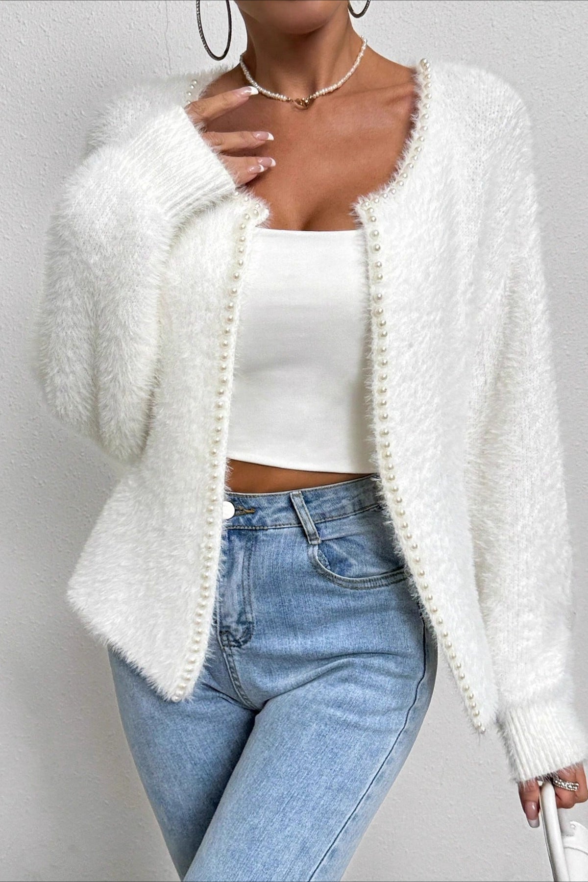 Elegant Pearl V-Neck Knit Sweate