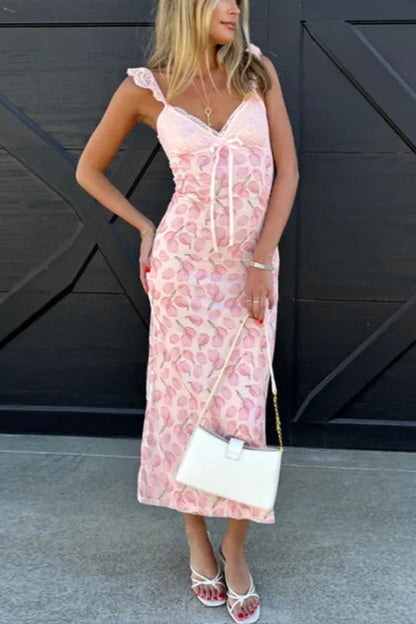 Tulip Floral Print Lace Trim Bow Tie Flutter Strap Midi Slip Dress