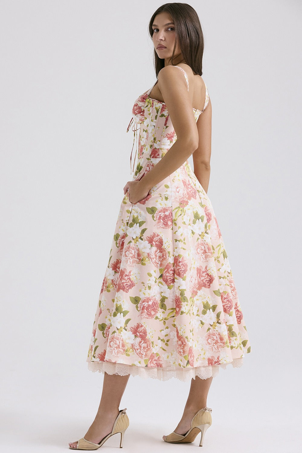 Corset Bodice Lace-Up Sweetheart Floral Print Sleeveless Midi Dress